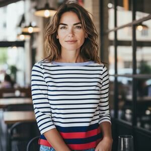 Tommy Hilfiger Striped Boat Neck Top Breton M Nautical Preppy Chambray Navy Red